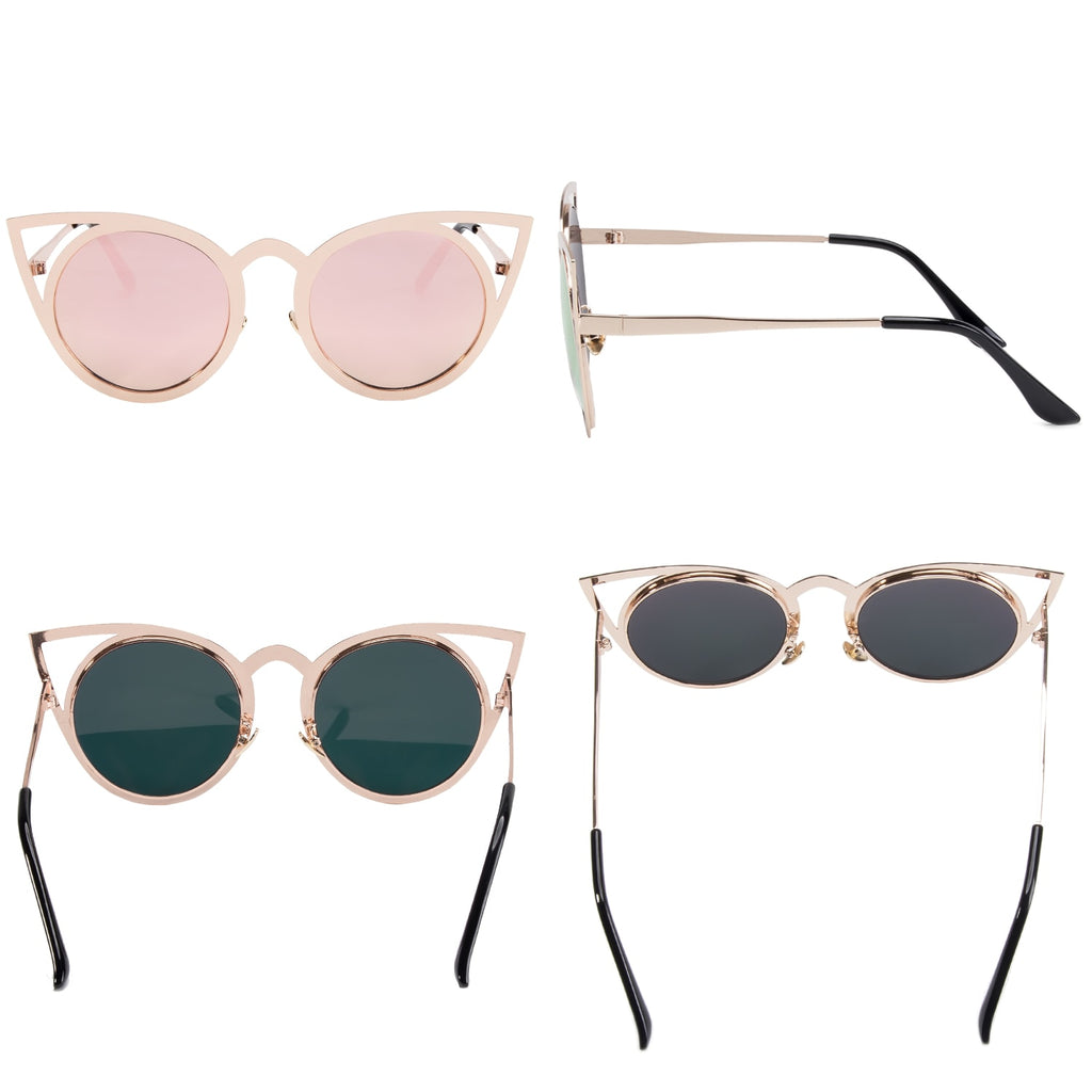 NIEEPA Womens Cat Eye Sunglasses Metal Cut Out Round Mirror Lens Sun Glasses