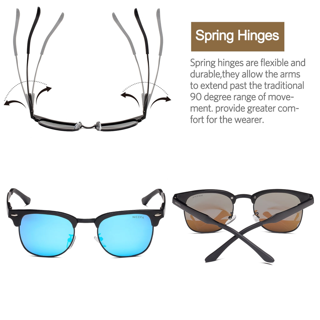 NIEEPA Semi Rimless Polarized Sunglasses Classic Brand Sun Glasses Retro Aluminum Magnesium Temple Glasses With Rivets