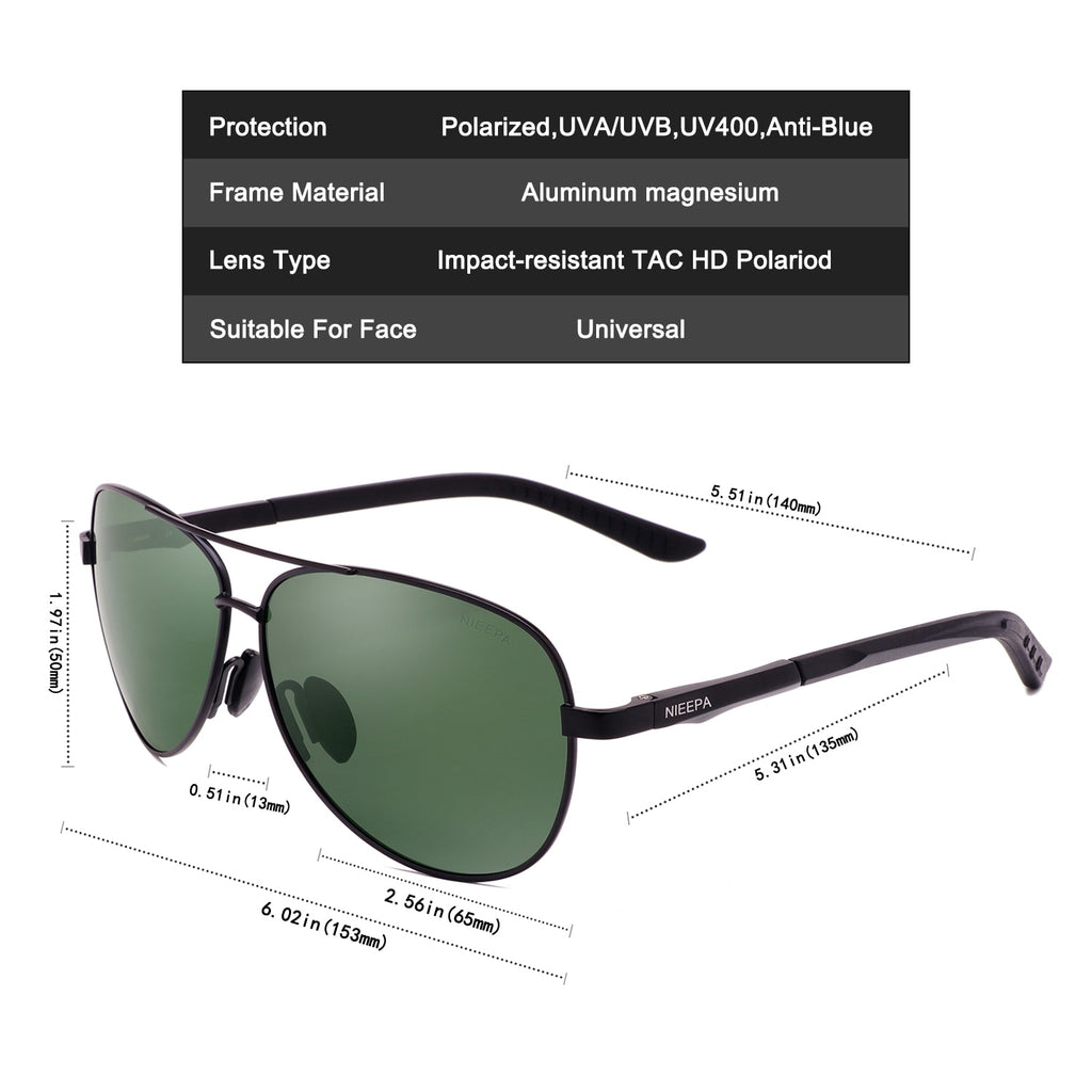 NIEEPA Aviator Polarized Sunglasses Mens Al-Mg Metal Ultra Light Frame Driving Glasses