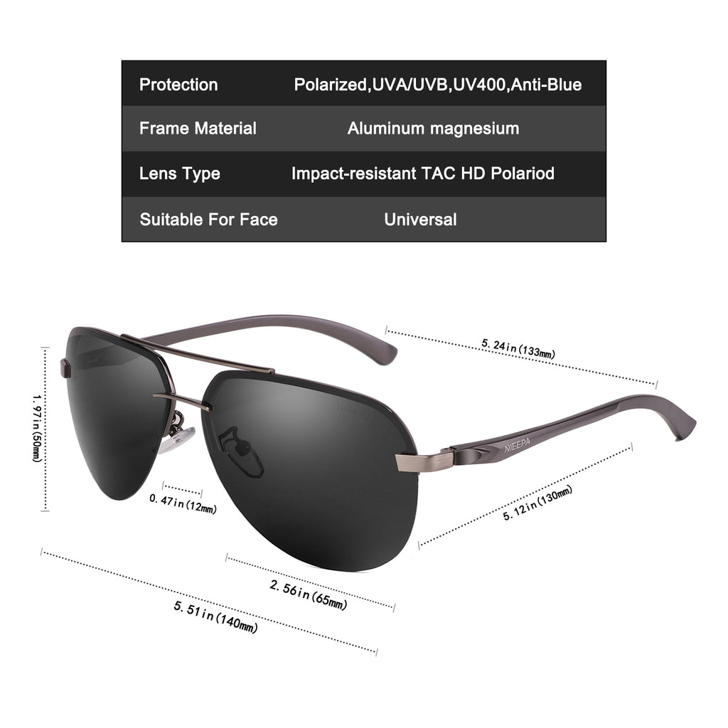 NIEEPA Polarized Aviator Sunglasses For Men Women Half Frame Spring Hinges Sun Glasses UV400