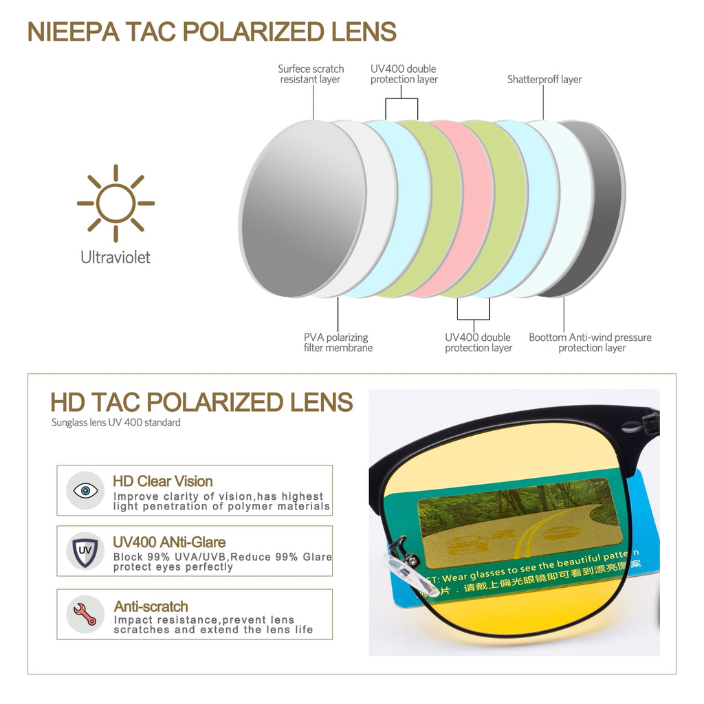 NIEEPA Semi Rimless Polarized Sunglasses Classic Brand Sun Glasses Retro Ultra Light Stainless steel Frame With Rivets