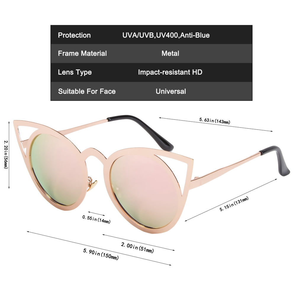 NIEEPA Womens Cat Eye Sunglasses Metal Cut Out Round Mirror Lens Sun Glasses