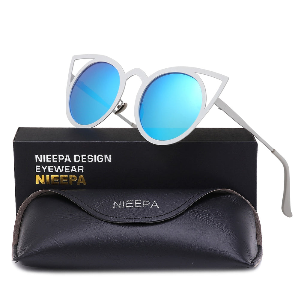NIEEPA Womens Cat Eye Sunglasses Metal Cut Out Round Mirror Lens Sun Glasses