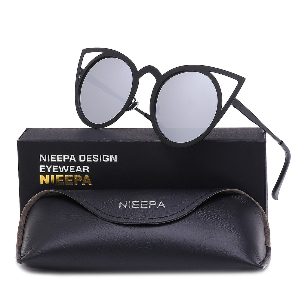 NIEEPA Womens Cat Eye Sunglasses Metal Cut Out Round Mirror Lens Sun Glasses