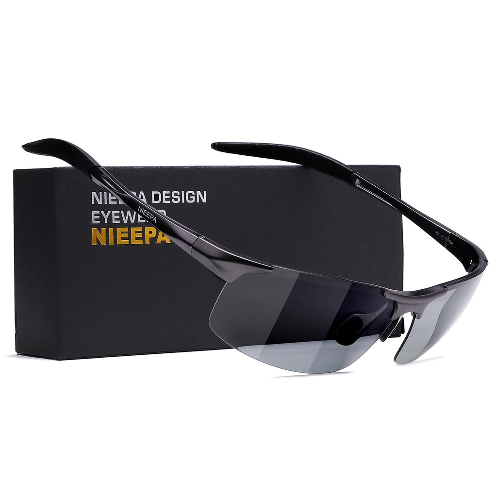 NIEEPA Photochromatic Mens Al-Mg Sports Polarized Sunglasses For Driving Ride Cycling Metal Unbreakable Frame Glasses