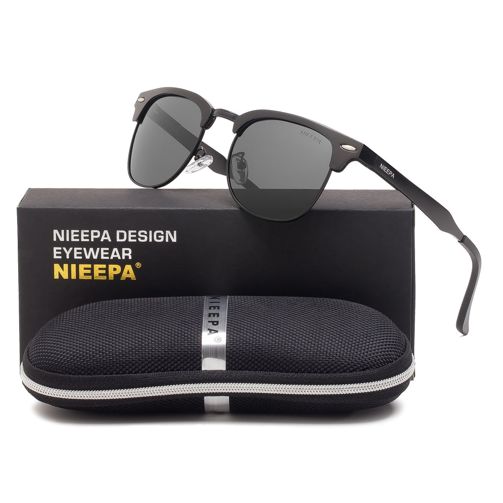 NIEEPA Semi Rimless Polarized Sunglasses Classic Brand Sun Glasses Retro Aluminum Magnesium Temple Glasses With Rivets