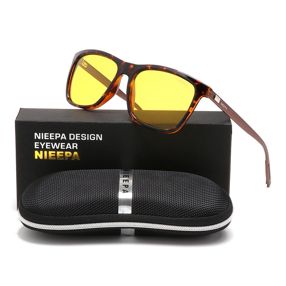 NIEEPA Square Polarized Night Vision Sunglasses Aluminum Magnesium Temple Retro Driving Sun Glasses