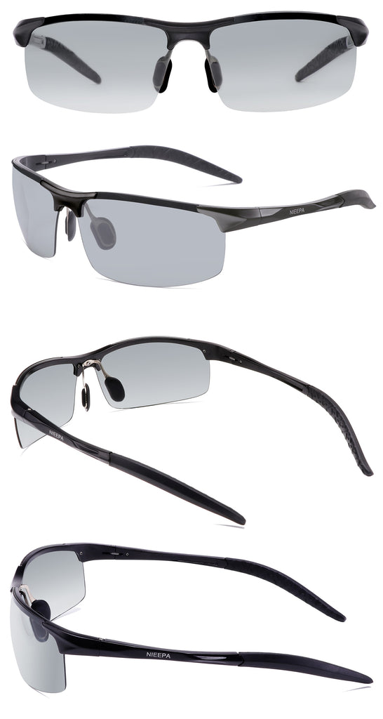NIEEPA Photochromatic Mens Al-Mg Sports Polarized Sunglasses For Driving Ride Cycling Metal Unbreakable Frame Glasses