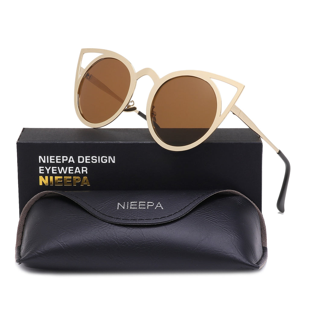 NIEEPA Womens Cat Eye Sunglasses Metal Cut Out Round Mirror Lens Sun Glasses