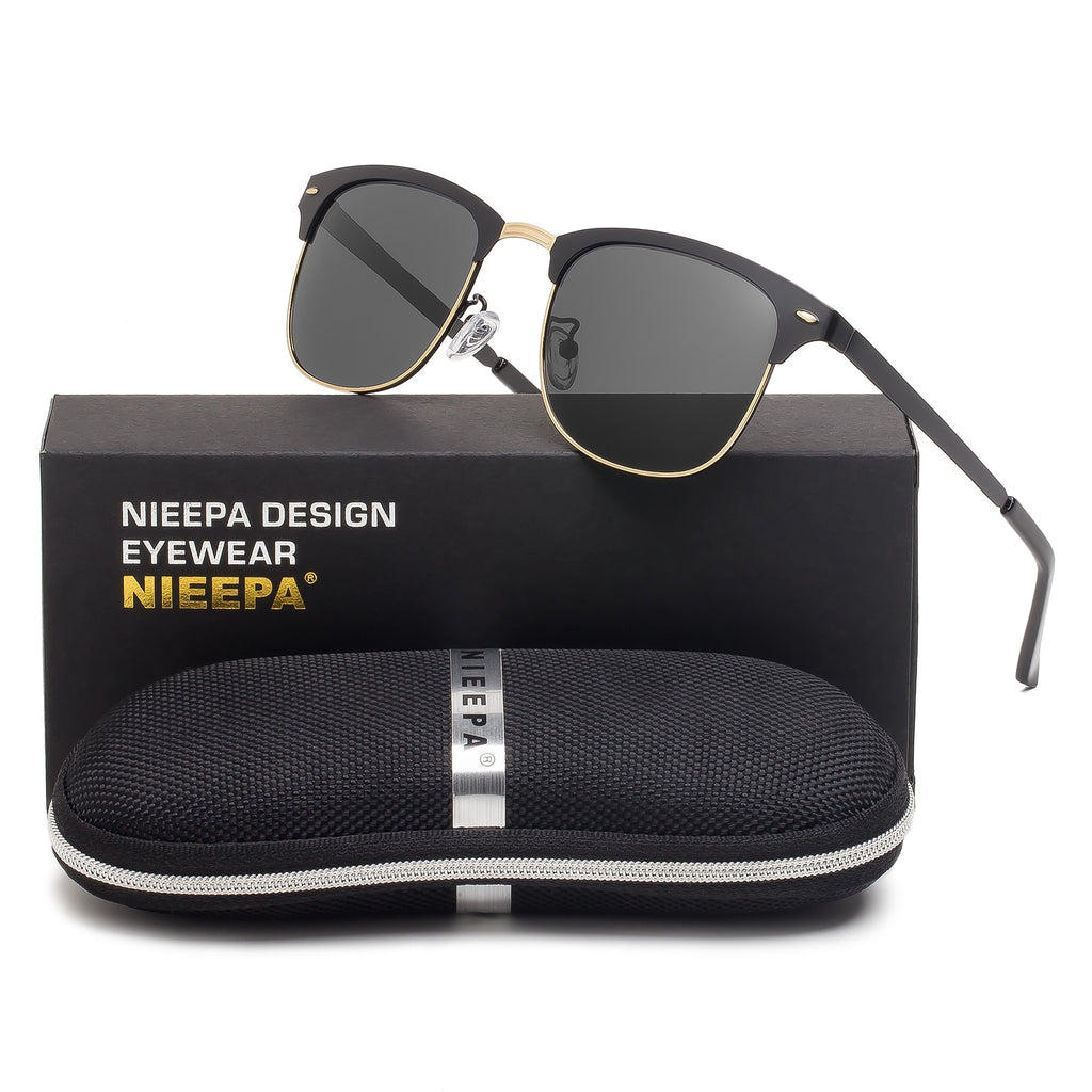 NIEEPA Semi Rimless Polarized Sunglasses Classic Brand Sun Glasses Retro Ultra Light Stainless steel Frame With Rivets