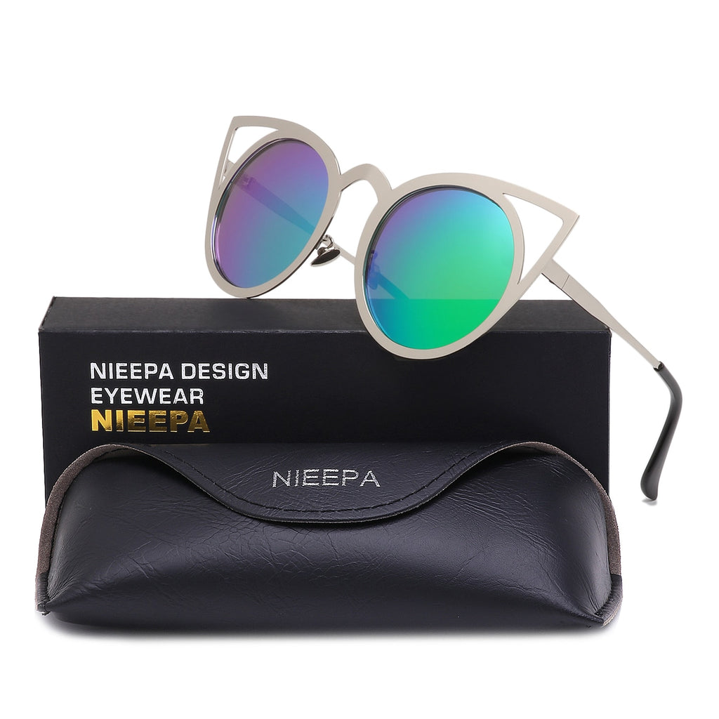 NIEEPA Womens Cat Eye Sunglasses Metal Cut Out Round Mirror Lens Sun Glasses