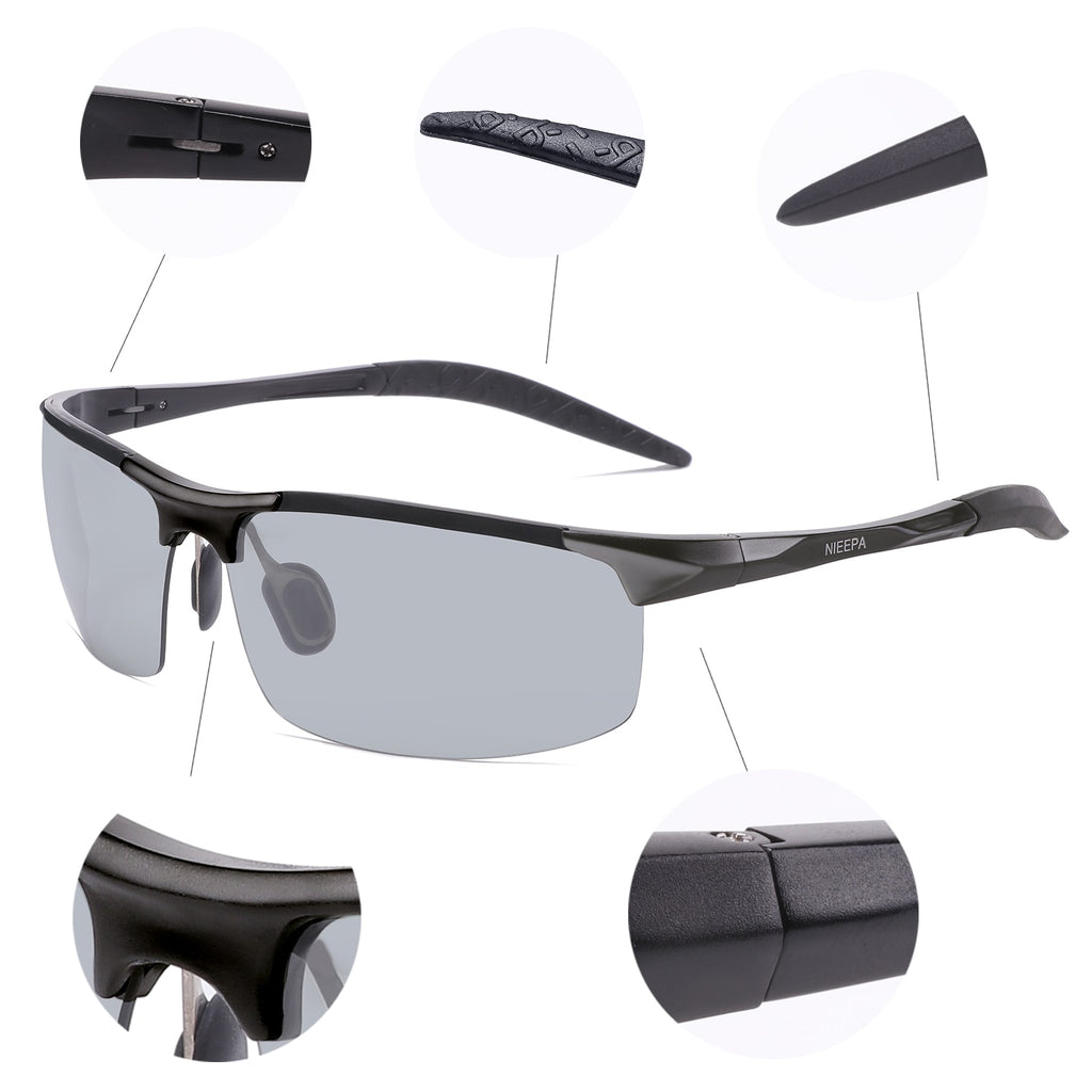 NIEEPA Photochromatic Mens Al-Mg Sports Polarized Sunglasses For Driving Ride Cycling Metal Unbreakable Frame Glasses