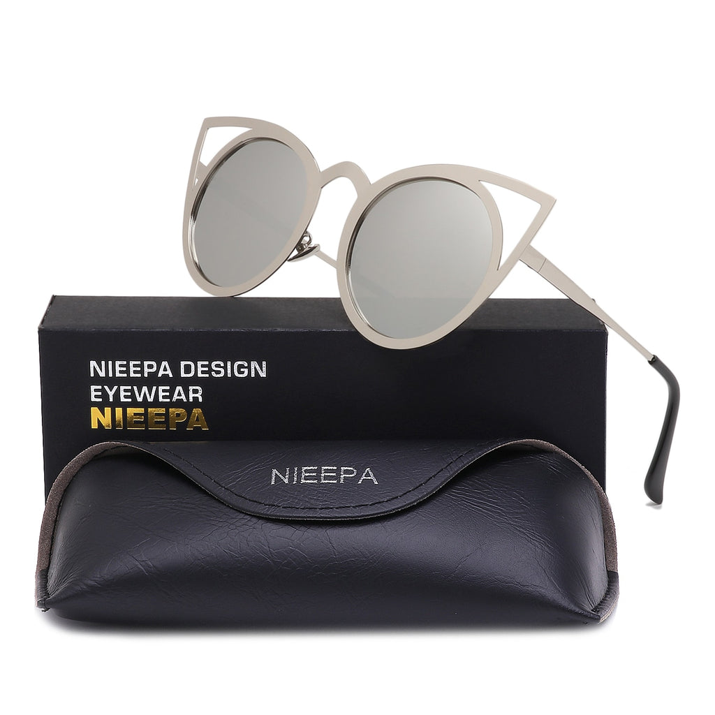 NIEEPA Womens Cat Eye Sunglasses Metal Cut Out Round Mirror Lens Sun Glasses