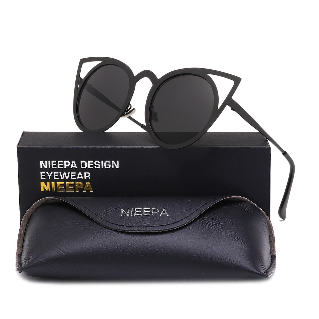 NIEEPA Womens Cat Eye Sunglasses Metal Cut Out Round Mirror Lens Sun Glasses