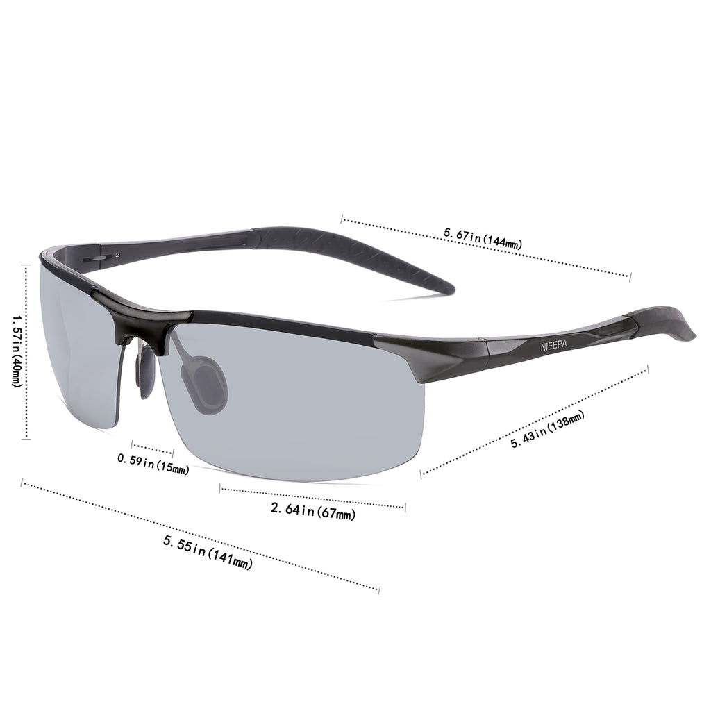 NIEEPA Photochromatic Mens Al-Mg Sports Polarized Sunglasses For Driving Ride Cycling Metal Unbreakable Frame Glasses