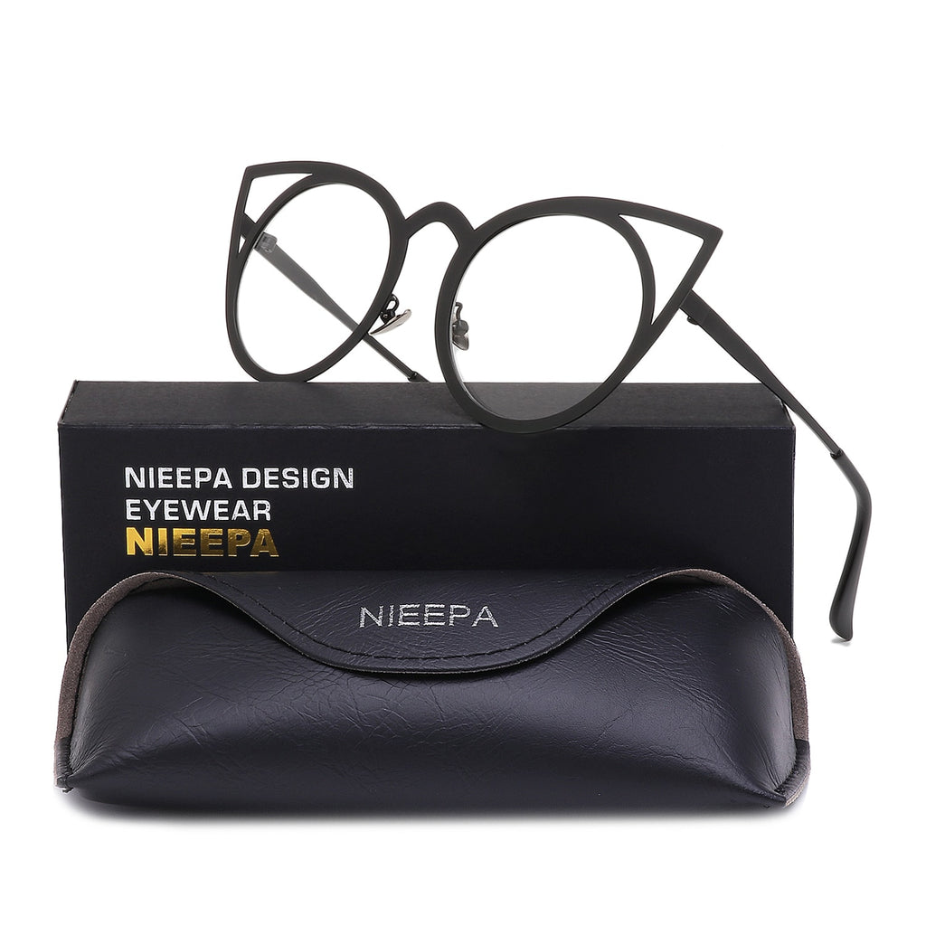 NIEEPA Womens Cat Eye Sunglasses Metal Cut Out Round Mirror Lens Sun Glasses