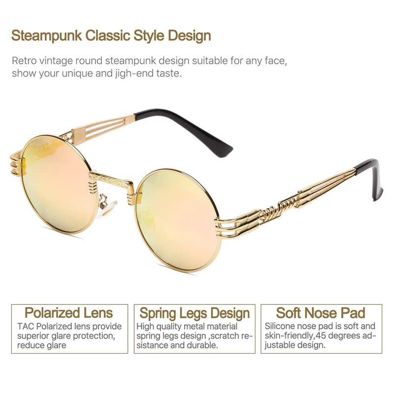 Steampunk Round Polarized Sunglasses Retro Vintage Circle Spring Style Frame Metal Hippie Sun Glasses for Men Women Classic Gothic Glasses
