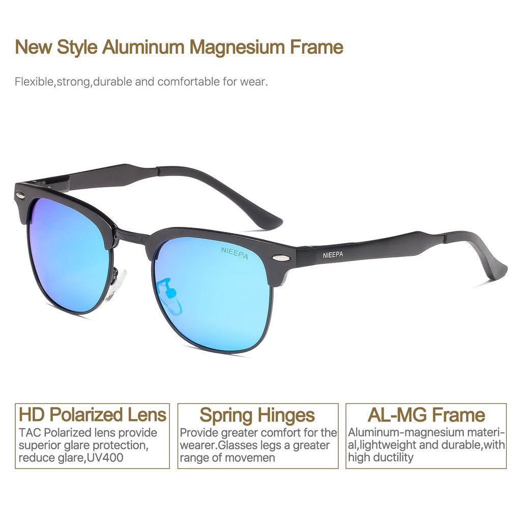 NIEEPA Semi Rimless Polarized Sunglasses Classic Brand Sun Glasses Retro Aluminum Magnesium Temple Glasses With Rivets