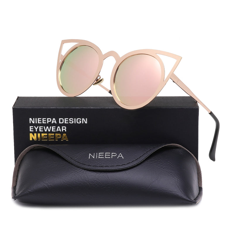 NIEEPA Womens Cat Eye Sunglasses Metal Cut Out Round Mirror Lens Sun Glasses