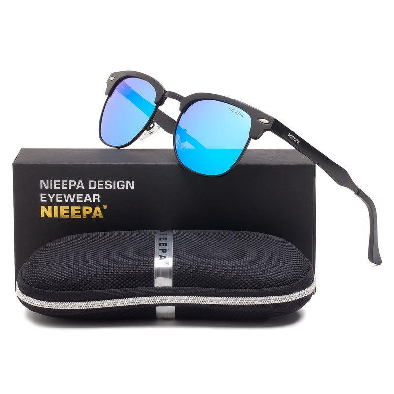NIEEPA Semi Rimless Polarized Sunglasses Classic Brand Sun Glasses Retro Aluminum Magnesium Temple Glasses With Rivets
