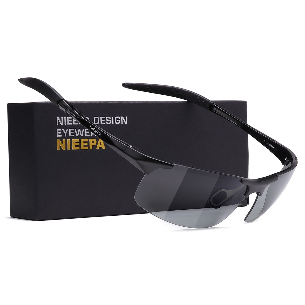 NIEEPA Photochromatic Mens Al-Mg Sports Polarized Sunglasses For Driving Ride Cycling Metal Unbreakable Frame Glasses
