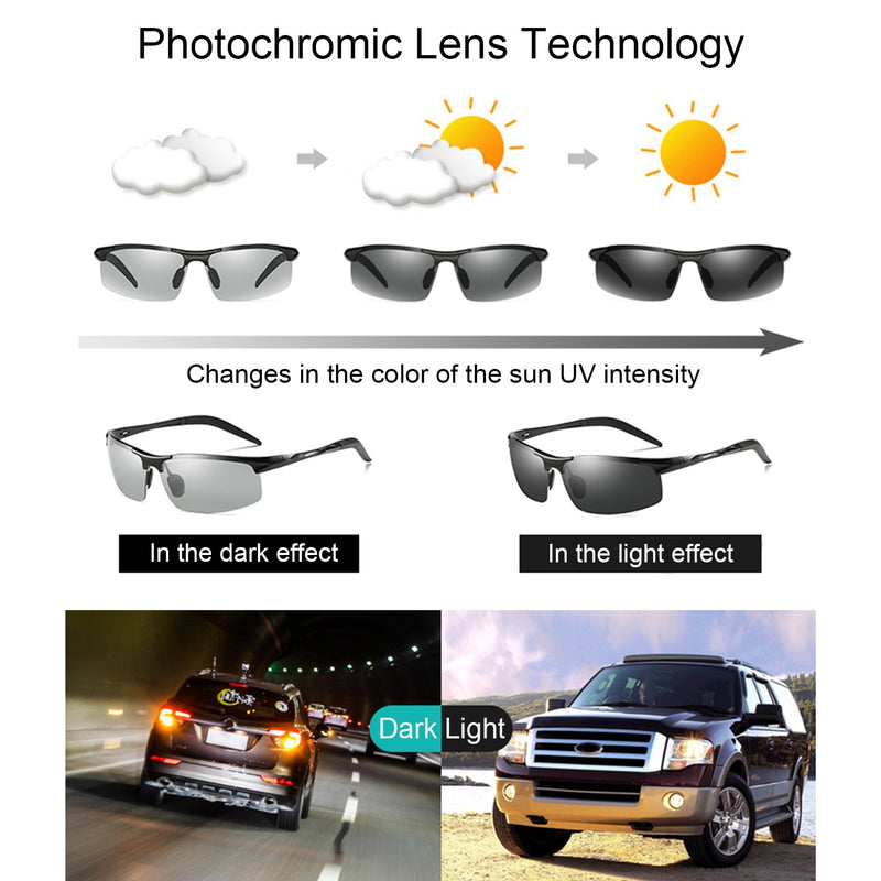 NIEEPA Photochromatic Mens Al-Mg Sports Polarized Sunglasses For Driving Ride Cycling Metal Unbreakable Frame Glasses