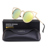 NIEEPA Womens Cat Eye Sunglasses Metal Cut Out Round Mirror Lens Sun Glasses