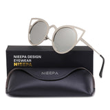 NIEEPA Womens Cat Eye Sunglasses Metal Cut Out Round Mirror Lens Sun Glasses