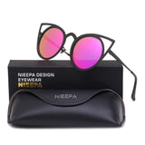 NIEEPA Womens Cat Eye Sunglasses Metal Cut Out Round Mirror Lens Sun Glasses
